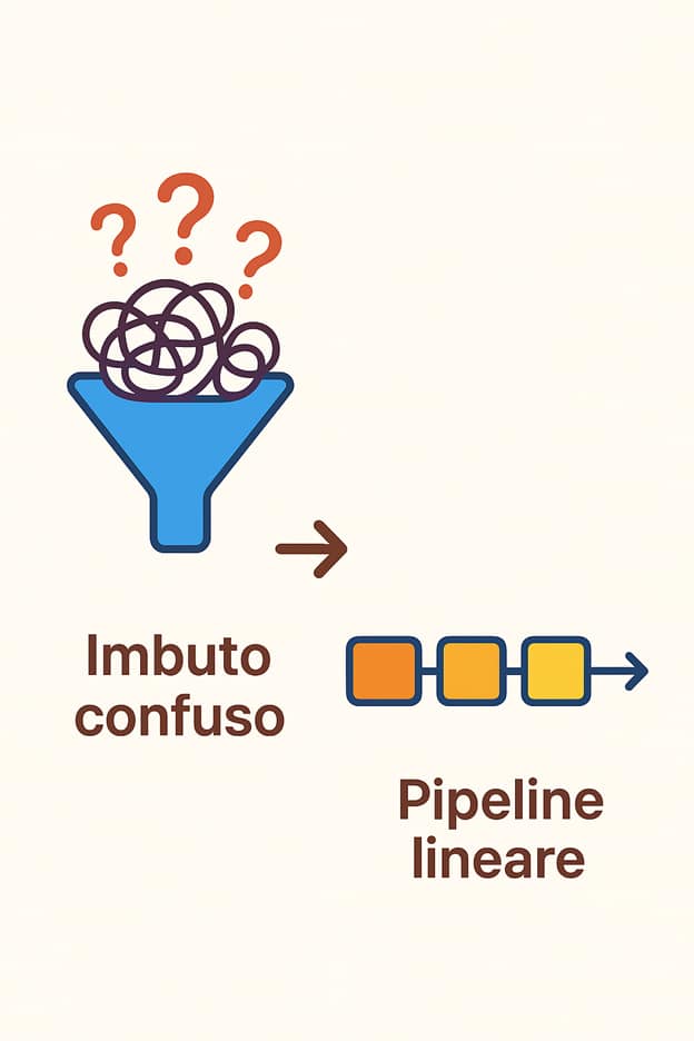 Confronto tra un funnel di vendita frammentato e un sistema di generazione opportunità B2B ottimizzato.
